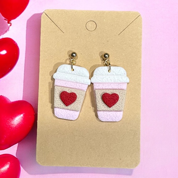 Valentines Day Cup Of Coffee Clay Earrings - Picture 2 of 2